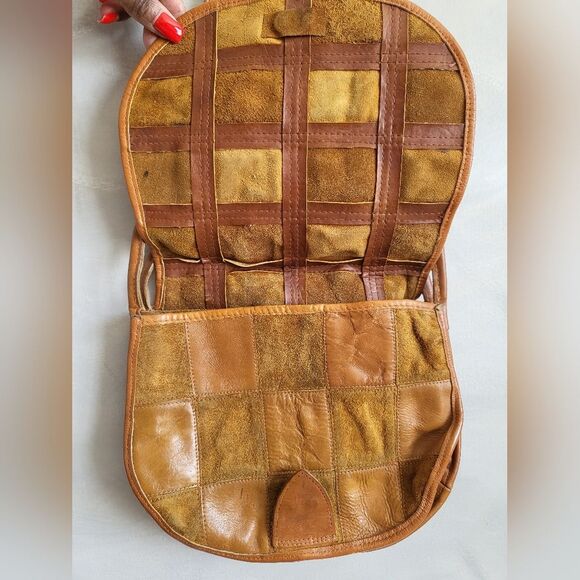 Vintage Leather Suede Patchwork Quilt Style Shoulder Bag 10 x 9 - Picture 5 of 11